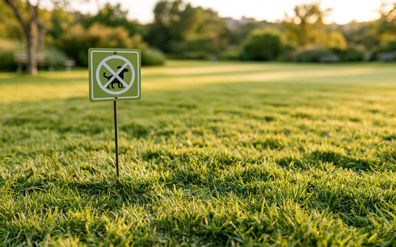 Green sign with no dog symbol on lawn in park