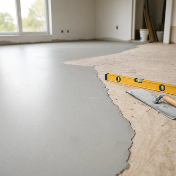 Yellow spirit level and trowel rest beside a freshly leveled gray floor in an unfinished bright room under renovation.