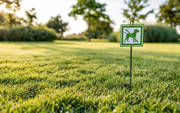 Green sign with no dog symbol on lawn in park
