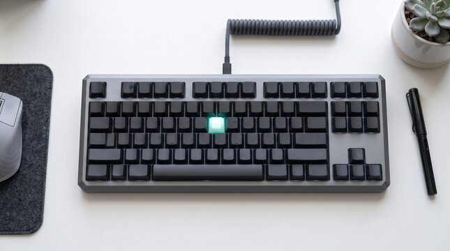 Minimalist workspace with mechanical keyboard and office supplies on a clean desk