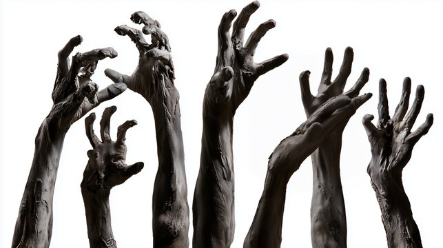 Multiple undead arms rising from below with twisted fingers and damaged darkened skin against a clean white backdrop, zombie apocalypse, Halloween monster, corpse hands, horror pro
