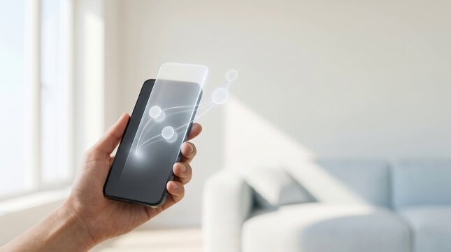 Hand holding a modern smartphone with glowing digital network connections, representing mobile technology, connectivity, artificial intelligence, and digital communication.