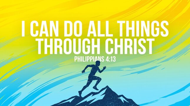 Bold energetic poster design, gradient background from sunny yellow to sky blue, strong sans-serif typography 'I can do all things through Christ' Philippians 4:13, minimalist mountain or runner silho