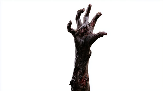Single zombie hand reaching upward with crooked fingers, decayed dark skin and bloody wounds isolated on a white background, Halloween horror, undead arm, corpse limb, decomposed f