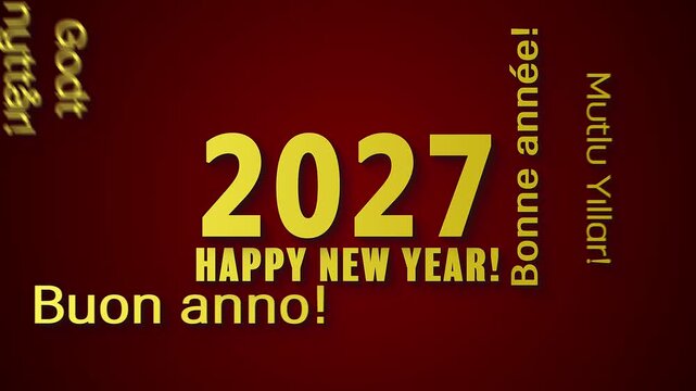 Video animation of a word cloud in different languages with the message happy new year in yellow over red background - represents the new year 2027.
