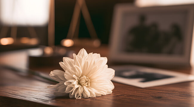 On a wooden table, a white flower is placed next to blurred images of scales of justice and a family photo, which represent wrongful death.
