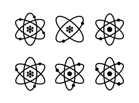 Collection of minimalist atomic symbol icons in black and white.