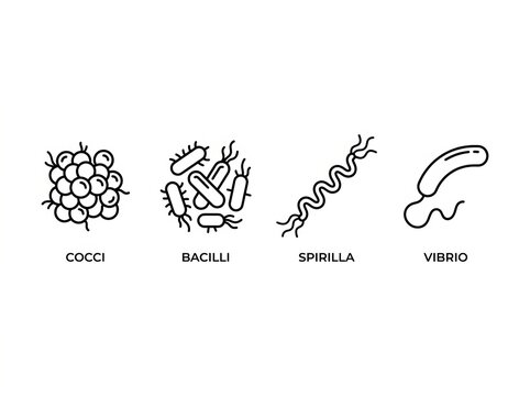 Black and white line art icons of bacteria and virus types.