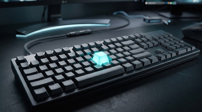 Sleek black mechanical computer keyboard with a single glowing cyan keycap on a dark desk setup
