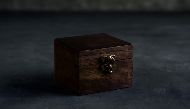 A storage box made of dark wood with a metal clasp on a dark gray background