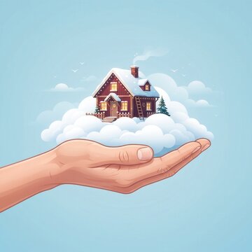 Human hand holding a small snowy winter house resting on fluffy white clouds