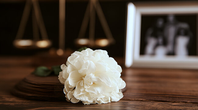 White blooms on a wooden table alongside indistinct scales of justice and a family snapshot signifying wrongful death.
