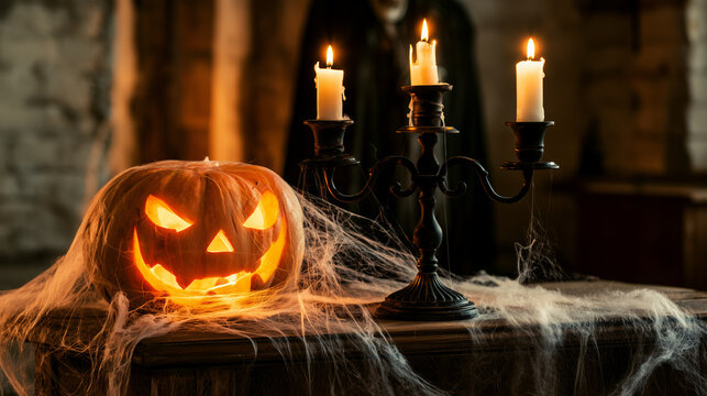 Carved jack-o-lantern glowing beside three burning candles on an antique black candelabra, thick cobwebs covering a rustic table, Halloween party, haunted interior, gothic decor, s