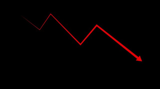 Downward arrow show falling interest rates, financial loss, recession risk, market downturn, savings decline and economic crisis concept.