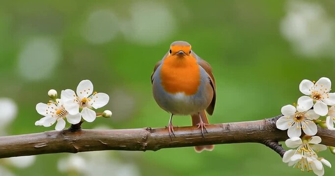 Small robin bird resting on blooming cherry tree branch featuring white flowers perfect for spring season editorial design