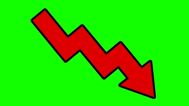 Animated Red Falling Arrow Chart Decreasing Trend on Green Screen Background
