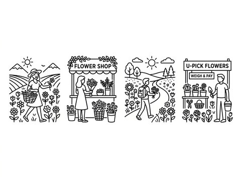 Elegant Blackline Floral Shop and Garden Illustration Set.