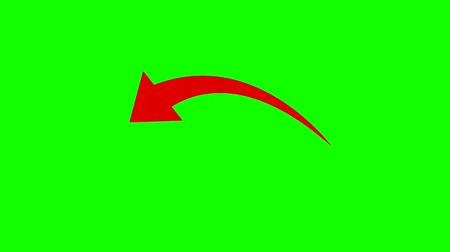 Animated Red Curved Arrow Pointing Down Left on Green Screen Background
