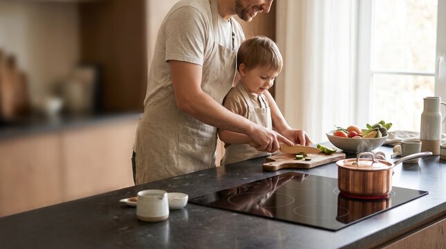 Parent and child cook safely at an induction island