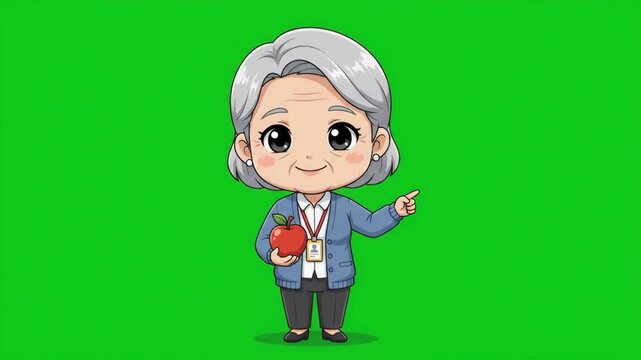 Cute cartoon character of a senior female teacher holding an apple and pointing, isolated on a green screen background.