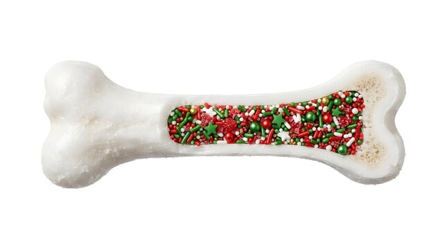 White bone cross-section filled with festive red and green Christmas sugar sprinkles