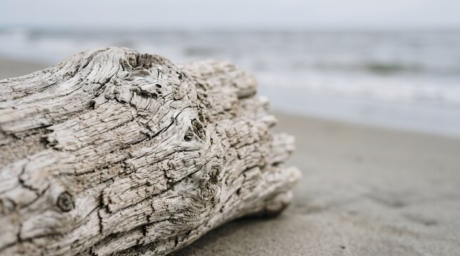 Macro close up of weathered driftwood grain and salt texture resting on a sandy beach with a blurred ocean background