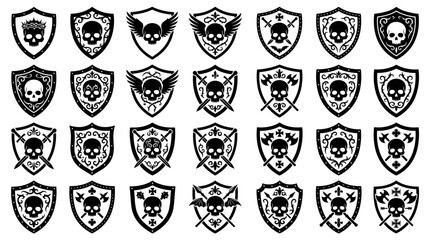 Skull Shield Emblems Set Gothic Crests Heraldic Icons © KunFhayakun