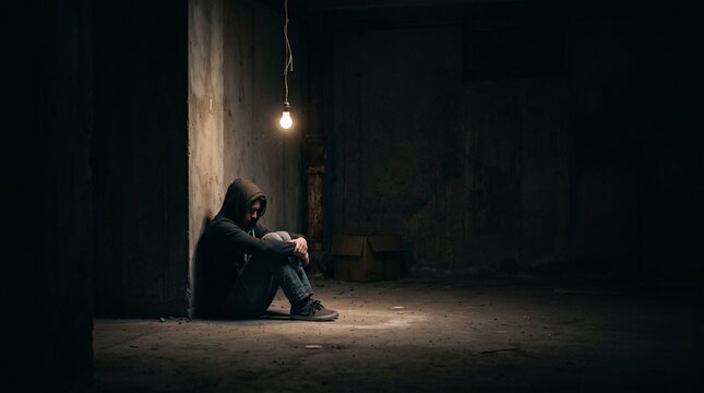 Young Man Sitting Alone in Dark Basement Under Single Light Bulb Feeling Sadness and Isolation