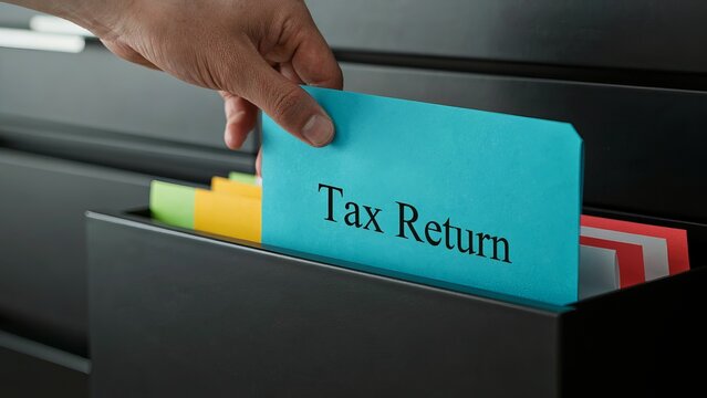 Tax return document folder being retrieved from a desk organizer by a person working in an office.