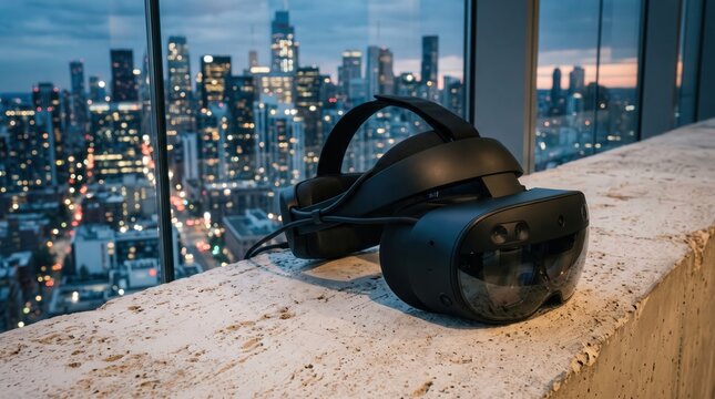 A black virtual reality headset sits on a concrete windowsill overlooking a glowing city skyline at night