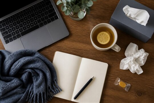 Top view of home office desk with laptop, tea with lemon, used tissues, scarf and cough drops. Working while sick with cold and flu.