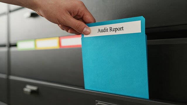 Audit report document folder being selected from a dark metal filing cabinet drawer in an office.