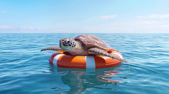 Sea turtle resting on orange lifebuoy in calm ocean. Marine conservation and wildlife protection concept. Panning camera shot.