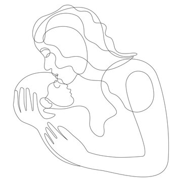 Continuous Line Art Mother Kissing Baby Forehead Motherhood Love Vector Illustration in AI EPS SVG PNG