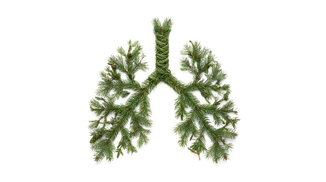 Human lungs shaped from green Christmas tree pine branches on white background