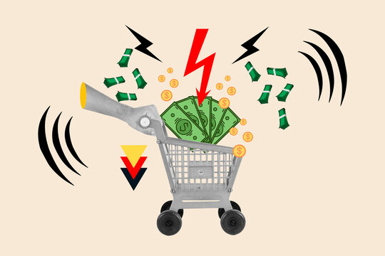 Colllage de una mano sosteniendo un carro de compra de supermercado junto a billetes y monedas sobre un fondo beige. Vista de frente y de cerca. Copy space. Concepto: Economia