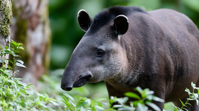 A close up of a tapir standing among lush green foliage in a forest environment  showing detailed fur and calm expression