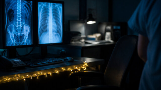 Darkened radiology reading room at night