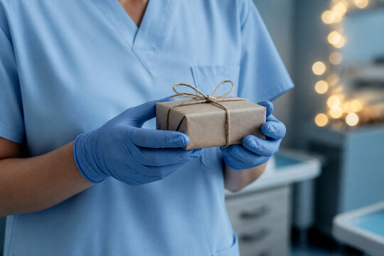 Gloved hands holding a small plainly wrapped gift box in a clinical