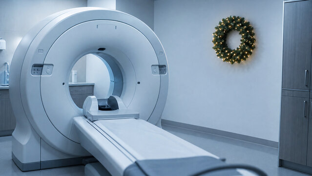 Empty CT scanner room with a single evergreen wreath hung on the