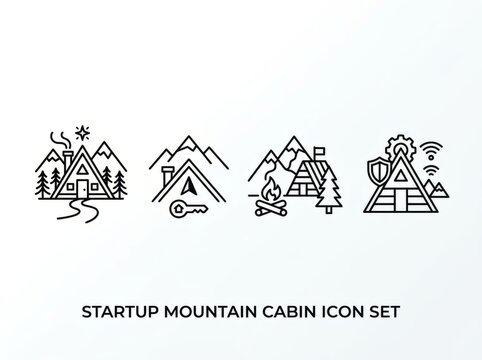 Black and white icon set of mountain cabins for startups.