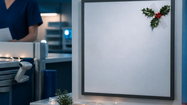 Blank whiteboard at a nurses station with a small sprig of holly