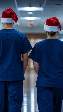 Two faceless staff in scrubs and small santa hats walking away down a