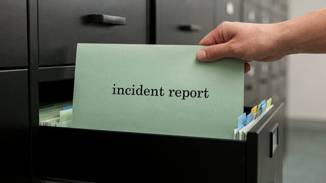 Incident report file being taken out of an archive drawer to investigate a workplace accident or security breach.