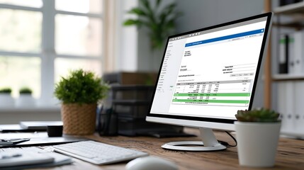 Fototapeta premium Modern office desk with computer monitor displaying financial data and green plants in a bright workspace