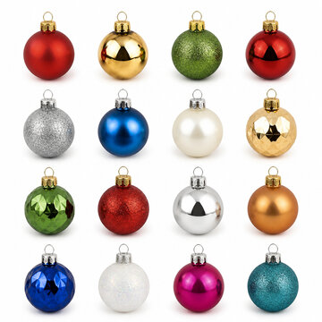Neat grid of sixteen small Christmas ornaments in assorted colours