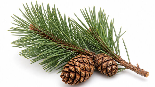 Single evergreen pine branch with two cones laid diagonally