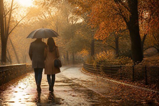 Couple with umbrella walking in autumn park under golden sunlight. Man and woman strolling on wet path with fallen leaves.