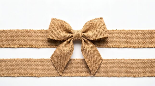 Decorative brown burlap ribbon with a tied bow isolated on a clean white background for gift wrapping