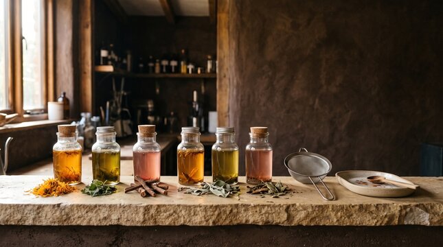 Botanical dye extracts glow on a sunlit laboratory shelf